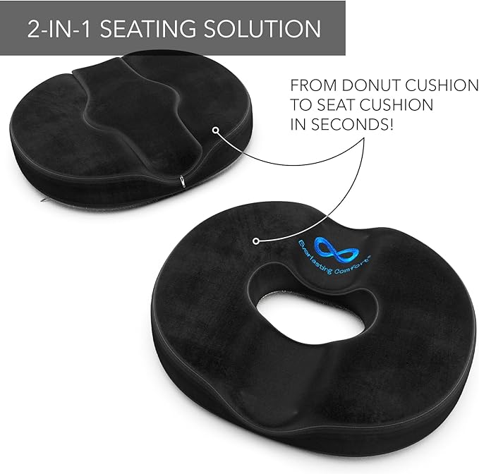 Everlasting Comfort Donut Pillow for Hemorrhoids, Tailbone Pain Relief Cushion - 2-in-1 Hemorrhoid Pillow & Seat Cushion - Memory Foam Donut Pillow for Tailbone Pain - Butt Pillow & Butt Cushion