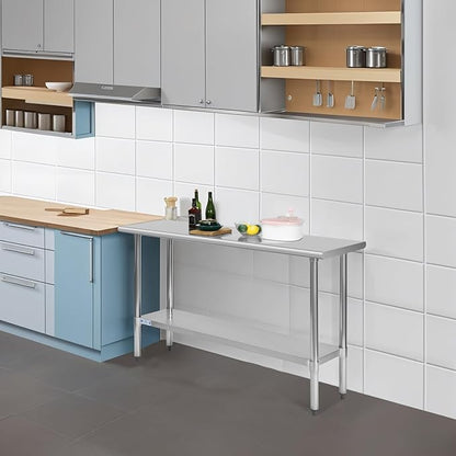 Hally Stainless Steel Table for Prep & Work 14 x 60 Inches, NSF Commercial Heavy Duty Table with Undershelf and Galvanized Legs for Restaurant, Home and Hotel