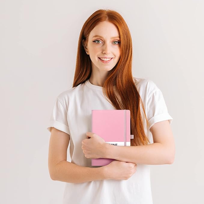 Dotted Journal/Notebook - Dot Grid Hard Cover Notebook, Premium Thick Paper with Fine Inner Pocket, Black Smooth Faux Leather, Pen Loop, 5.3'' x 8.26'' - Pink