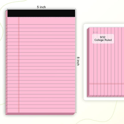6pcs Small Note Pad 5x8 College Ruled Pink Legal Pads Paper Notepads 6 Pack Study Back Writing Pads 5 x 8 Legal Pads Perforated Narrow Ruled Pads of Paper Pink