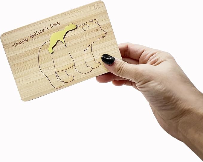 Fathers Day Cards,Handmade Bamboo Greeting Cards,Wooden Thankyou Card,Father's day Card for Dad,Bear dad