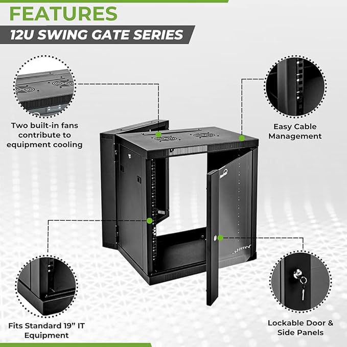 NavePoint 12U Server Cabinet with Hinged Back - 25.5” Deep, 12U Server Rack Enclosure with Locking Glass Door, Wall Mount Rack with Removable Side Panels, 12U Network Cabinet with 2 Fans, Assembled