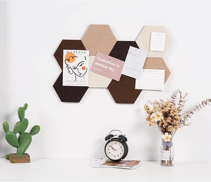 LAJAR Hexagon Felt Bulletin Board Tiles, 8 Pcs Self Adhesive Pin Board Wall Tiles for Photos, Pictures, Memos (Camel)