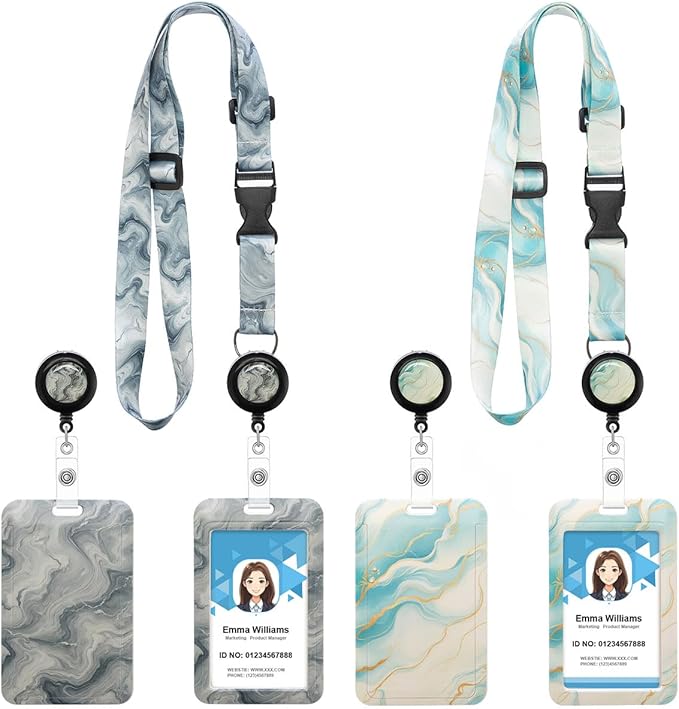 2 Pack Marble Pattern Lanyards Badge Holder, Adjustable Lanyard with Retractable Badge Reel, Elegant ID Badge Holder for Teachers, Nurses, Students, Office Staff & Travel Essentials