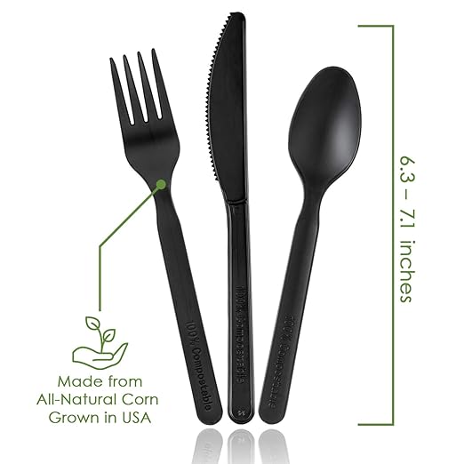 100% Compostable Forks Spoons Knives Cutlery Combo Set - 380 Large Disposable Utensils (7 in.) Eco Friendly Durable and Heat Resistant Alternative to Plastic Silverware with Convenient Tray