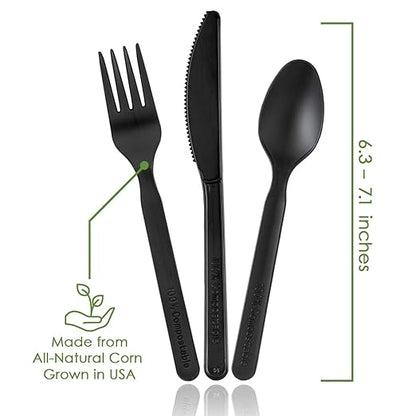 100% Compostable Forks Spoons Knives Cutlery Combo Set - 380 Large Disposable Utensils (7 in.) Eco Friendly Durable and Heat Resistant Alternative to Plastic Silverware with Convenient Tray