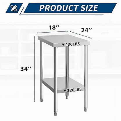 Stainless Steel Table for Prep & Work 24 x 18 Inches, NSF Commercial Heavy Duty Food Prep Worktable with Undershelf for Restaurant, Home and Hotel Christmas Preparation Table