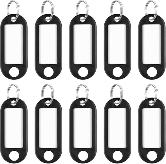 Uniclife 10 Pieces Key Tags 2 Inch Soft Plastic Key Chain Tags with Blank Paper Labels Clear Windows Protective Films and Split Rings Flexible Item Identifiers, Black
