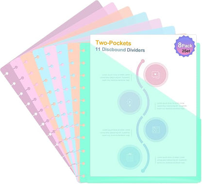 16 PCS Discbound Dividers Letter Size Disc Planner 2 Pocket Fit 8.5" x 11" Paper Notebook with Pockets 11 Disc Folder for Office, Home, School
