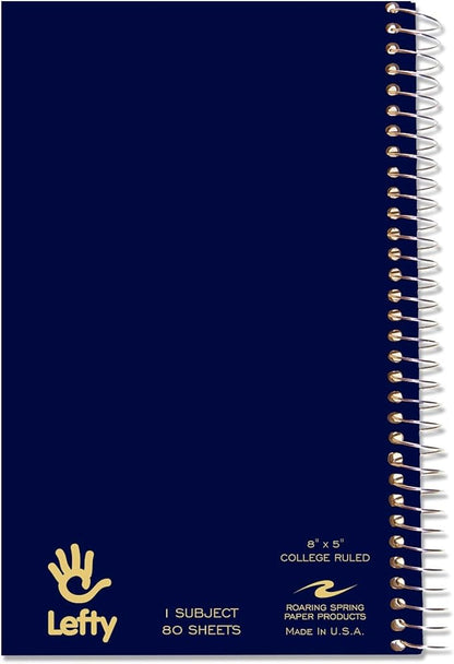 Roaring Spring Lefty Spiral Journal, College Ruled Small Left Handed Notebook, 8" x 5", 80 Sheets, Assorted Color Covers