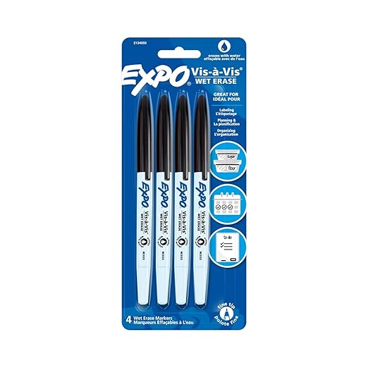 EXPO Vis-A-Vis Wet-Erase Overhead Transparency Markers, Fine Point, Black, 4-Count