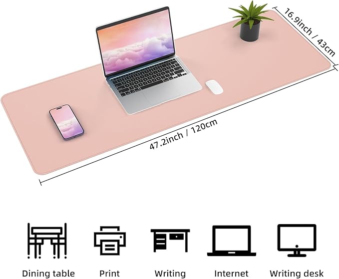 Large Desk Mat -47.2" x 17.5" Leather Desk Pad Protector with Natural Cork & PU Leather, Non-Slip Office Desk Mat, Double-Sided Mouse Pad, Waterproof Large Desk Pad for Office&Home(Pink)