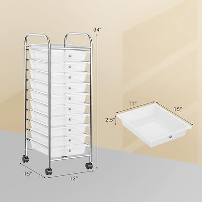 Storage Cart, Rolling Utility Cart with 10 Drawers, Portable Handles & Lockable Wheels, Mobile Paper Toys Storage Organizer Large Capacity for Home Office School Teacher (Clear)