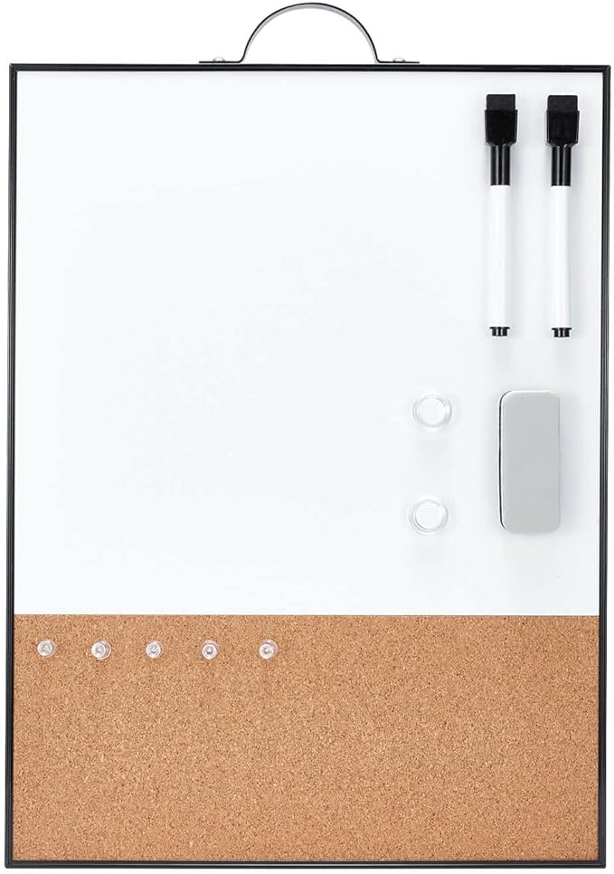 TSJ OFFICE Small Whiteboard Cork-Board - 16" X 12" Portable Aluminum Black Framed Magnetic Dry Erase Board, Small Bulletin Cork Board with Holder for Office, Home and School