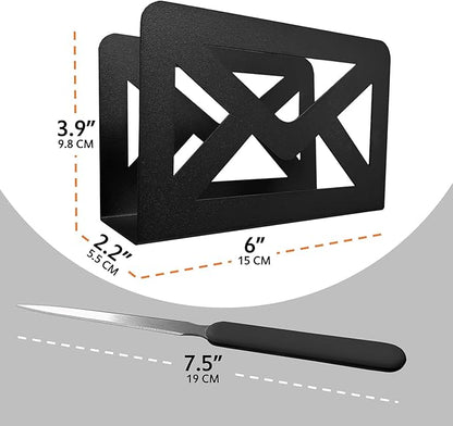 Black Metal Mail Holder, Countertop Letter Organizer with Letter Opener, Office Desktop Envelope Rack, Tabletop Document Stand (Sign)