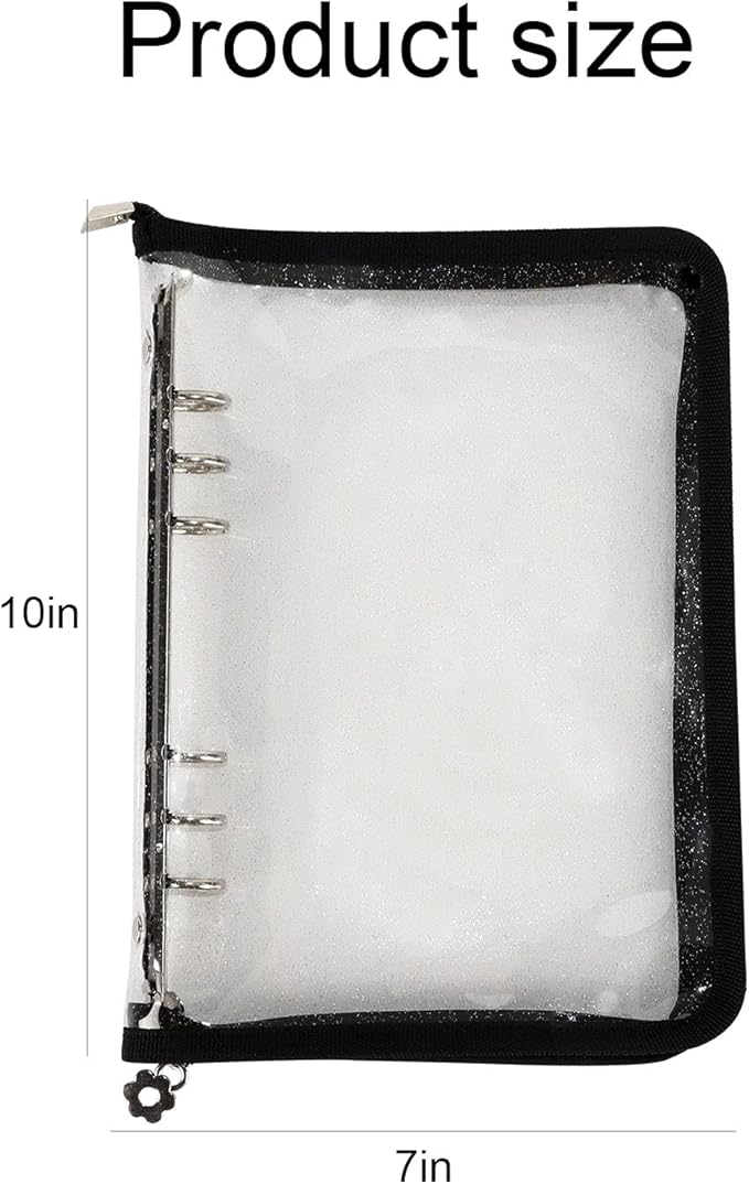 Multibey A5 Binder Cover Clear Soft PVC 6-Ring Binder Budget Evelopes System with Zipper Planner Organizer Refillable Notebook Journal Binder (Black, A5)