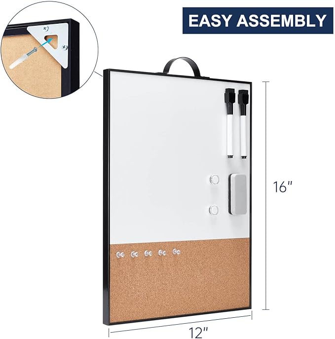 TSJ OFFICE Small Whiteboard Cork-Board - 16" X 12" Portable Aluminum Black Framed Magnetic Dry Erase Board, Small Bulletin Cork Board with Holder for Office, Home and School