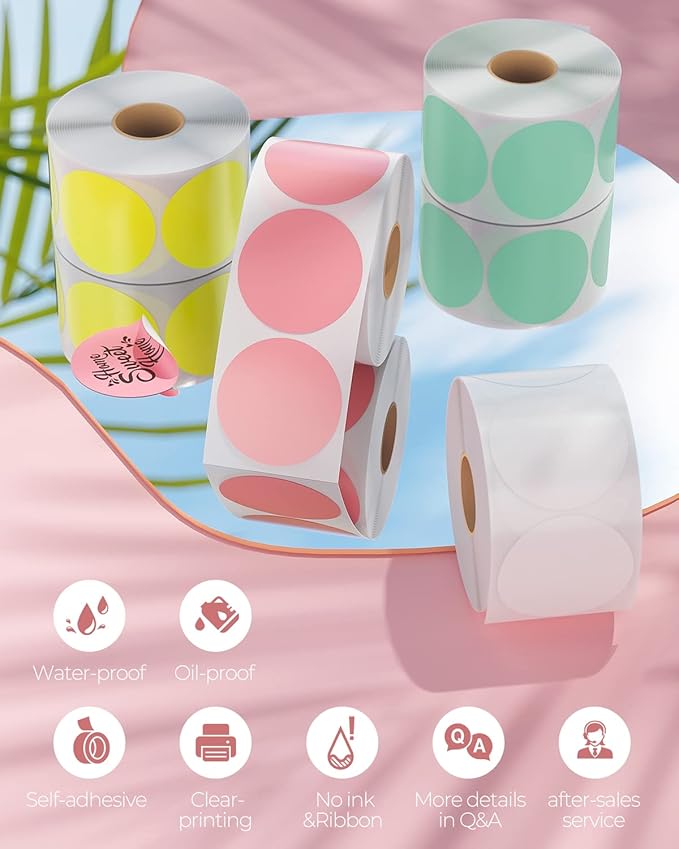 MUNBYN 2 Inch Circle Color Thermal Sticker Labels, Self-Adhesive Round Direct Thermal Labels, Multi-Purpose Roll Thermal Stickers for Business-4500 Labels/6 Rolls, 6 Colors