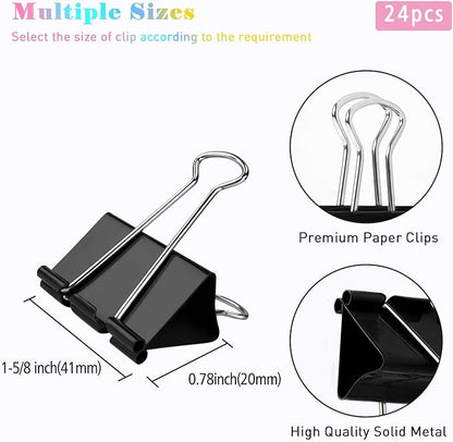 Binder Clips, 24 Pack, 1.6 Inch, Non-Standard 41mm, Black, Capacity 0.66 Inch, Large Binder Clips, Paper Binder Clips, Large Paper Clips, Office Clips, Great Binder Clips