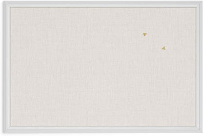 U Brands Farmhouse Linen Bulletin Board, 30"x20", White Wood Style Frame, Includes Push Pins