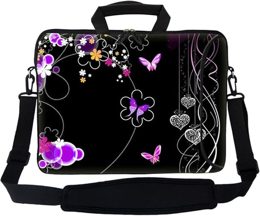 Meffort Inc 17 17.3 inch Neoprene Laptop Bag Sleeve with Extra Side Pocket, Soft Carrying Handle & Removable Shoulder Strap for 16" to 17.3" Size Notebook Computer - Flying Butterfly Design