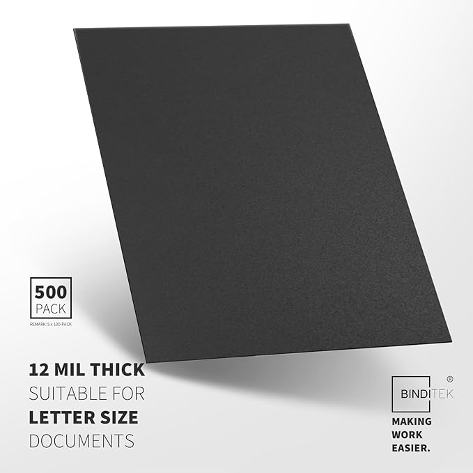 Binditek 500 Pack 12 Mil Sand-Textured Polycover - Midweight for Business Reports and Proposals - Lightly Textured Sand Finish - with Square Corners, Un-Punched, Black Color, Office Supplies