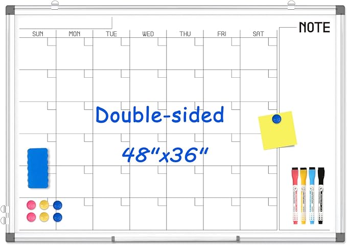 WALGLASS Dry Erase Calendar Whiteboard, 48" x 36" Monthly Large Dry Erase Calendar for Wall, Double-Sided Hanging Calendar White Board with Silver Aluminum Frame for Home, School, Office, Kitchen