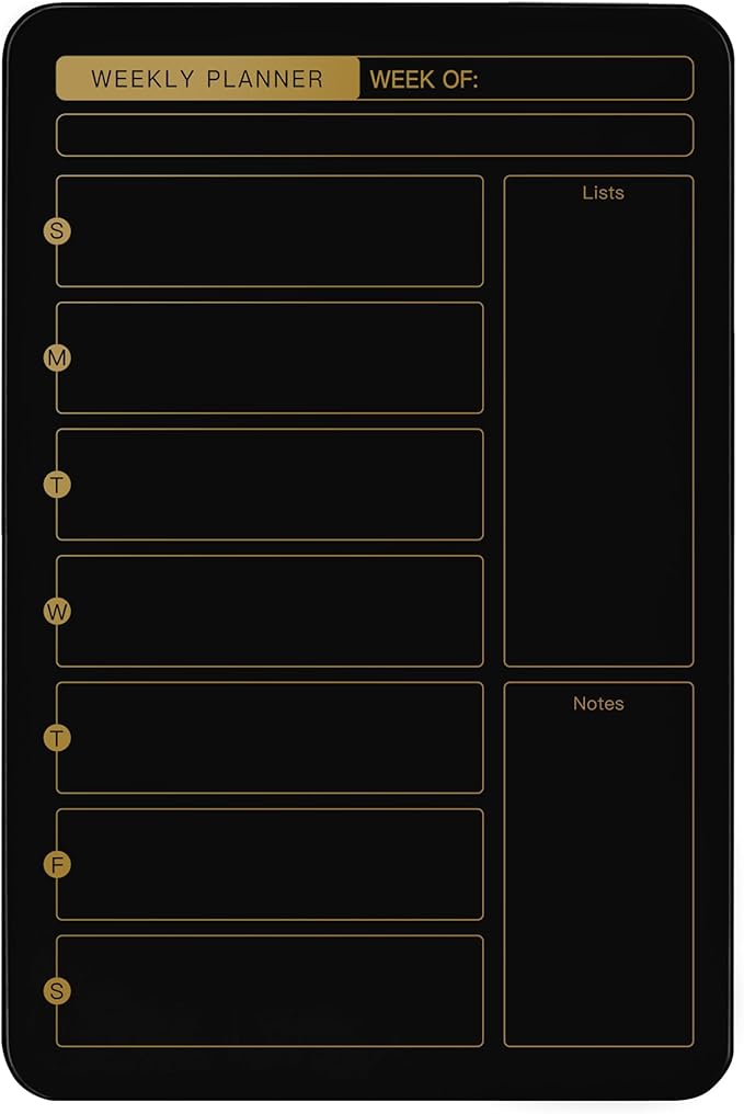 SELEAD Magnetic Glass Whiteboard Weekly Planner - 16”x24” Dry Erase Calendar White Board for Wall, Menu Notes Grocery List Board for Home Kitchen Restaurant - Black&Gold