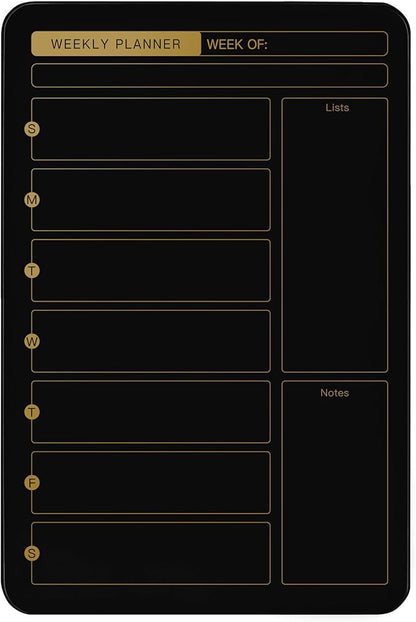 SELEAD Magnetic Glass Whiteboard Weekly Planner - 16”x24” Dry Erase Calendar White Board for Wall, Menu Notes Grocery List Board for Home Kitchen Restaurant - Black&Gold