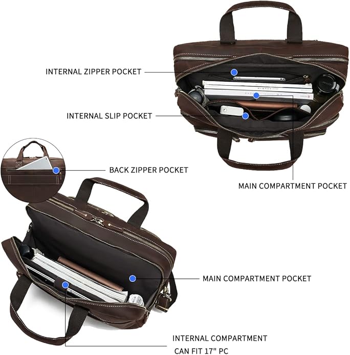 Full Grain 17.3" Leather Briefcase Messenger Laptop Bag For Men