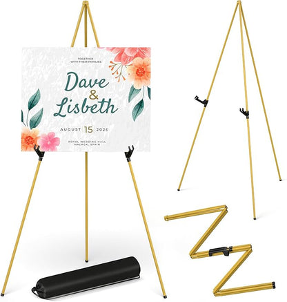 Display Artist Easel Stand - 63" Instant Tripod Collapsible Portable Floor Easel - Easy Folding Adjustable Art Poster Metal Stand for Display Show, Wedding, Painting - Gold