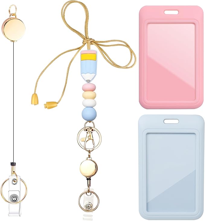 Colorful ID Badge Holder with Silicone Beads Lanyard Set,Cute Teacher Breakaway Lanyard for Keys & Keychain with Cute Retractable Badge Reel Holder,Gift for Women,Nurse, Teacher. (F)