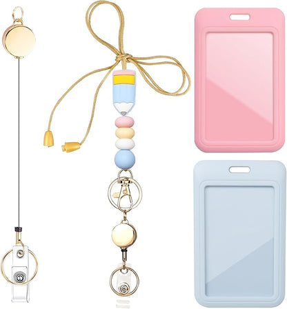 Colorful ID Badge Holder with Silicone Beads Lanyard Set,Cute Teacher Breakaway Lanyard for Keys & Keychain with Cute Retractable Badge Reel Holder,Gift for Women,Nurse, Teacher. (F)