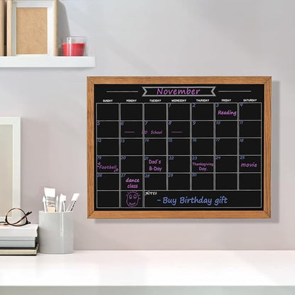 Calendar Chalkboard, 13" * 17", Magnetic Surface Rustic Brown Solid Pine Wood Frame Chalk Board for Planning/School Timetable/Memo, Hanging Board for Office, School and Home(YLHB-QZ-3343)
