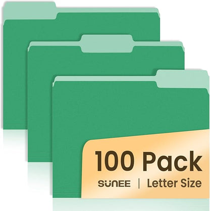 SUNEE File Folders Letter Size Green, 100 Pack Manilla Folders 8.5 x 11 1/3-Cut Tabs, Colored File Folders Office Home School for Documents Files Paper
