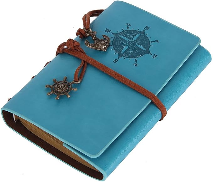 Leather Writing Journal Notebook, EvZ 5 Inches Vintage Nautical Spiral Blank String Diary Notepad Sketchbook Travel to Write in, Unlined Paper, Retro Pendants, Classic Embossed, Sky Blue