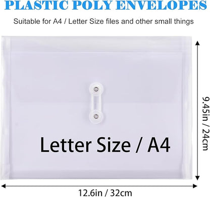 A4 Letter Size Plastic Poly Envelopes with Button and String Tie Closure, 1-1/4" Expansion Clear File Folders Side Loading Documents Organizer for Home School and Office Supplies (6)