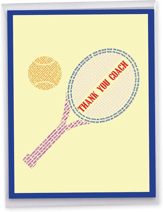 NobleWorks - Jumbo Team Coach Thank You Greeting Card From Us 8.5 x 11 Inch with Envelope (1 Pack) Sports Teacher Gratitude, School Athlete Appreciation Notecard, Tennis Racquet J10037ATYG-US