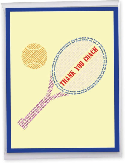 NobleWorks - Jumbo Team Coach Thank You Greeting Card From Us 8.5 x 11 Inch with Envelope (1 Pack) Sports Teacher Gratitude, School Athlete Appreciation Notecard, Tennis Racquet J10037ATYG-US