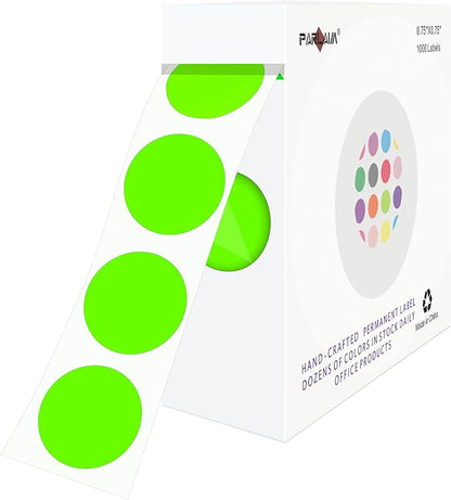 PARLAIM 0.75" Round Color Coding Circle Dot Labels in Roll, 1000 Stickers per Dispenser Box, 3/4 inch Diameter for Office and Business, Fluorescent Green
