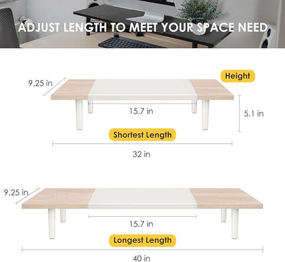 Dual-Monitor-Stand-Riser-For-Desk Adjustable Length 32-40 Inch，Large Desktop Computer Monitor Riser For 2 Screens，Desk Shelf Organizer Riser Stand For Computer/Laptop/PC/Printer/TV Maple