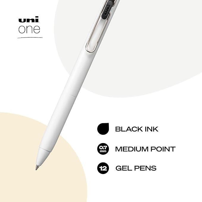 uniball uniONE Gel Pen, Retractable, Medium 0.7 mm, Black Ink, White Barrel, Dozen
