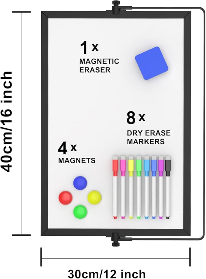 OWill Black Dry Erase White Board, 16inX12in Large Magnetic Desktop White Board with Stand,A3 Magnetic Whiteboard & Portable Double-Sided Whiteboard Easel for Drawing in School & Home