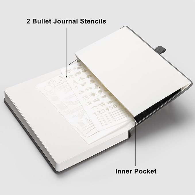 RETTACY Bullet Dotted Journal, A5 Dotted Notebook Journal with 192 Pages, 5.7'' × 8.3'', Medium Size, 100 GSM Thick Paper, Leather Hardcover, Bullet Journaling, Planning (Gray)