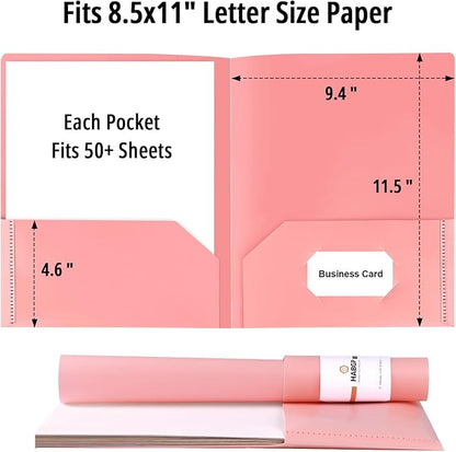 HABGP 12 Pack Colored File Folders with Pockets and Business Card Holder, Pastel Decorative Pocket Folders for Documents, Cute Plastic Folders for Filing Cabinet, School, Office, Resume Portfolio