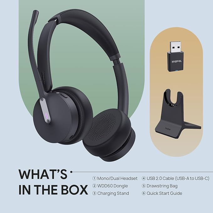 Yealink WH64 Hybrid with DECT Dongle & Charging Stand, 492ft Range, 32 Talk Time Bluetooth Headset for Teams, Zoom Skype UC Certified, Noise Cancelling Headset with 3X Mic, Work Headset for PC Phone