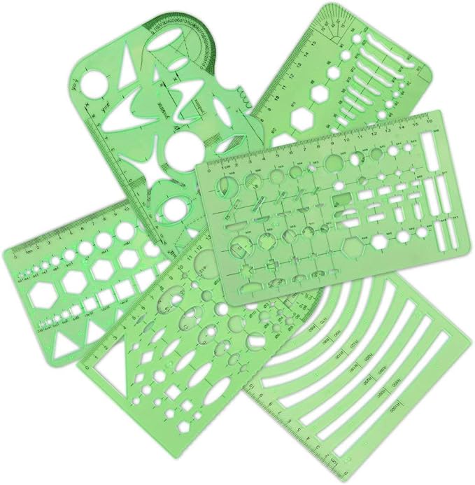 11 Pieces Geometric Drawings Templates Stencils Plastic Measuring Template Rulers Clear Green Shape Template for Drawing Engineering Drafting Building School Office Supplies