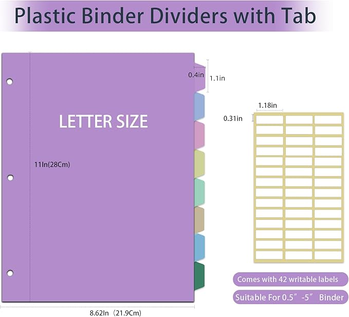 16Pcs/2 Sets Binder Dividers for 3 Ring Binder,8 Tab Binder Plastic Page dividers with Tab,tab dividers，Colored