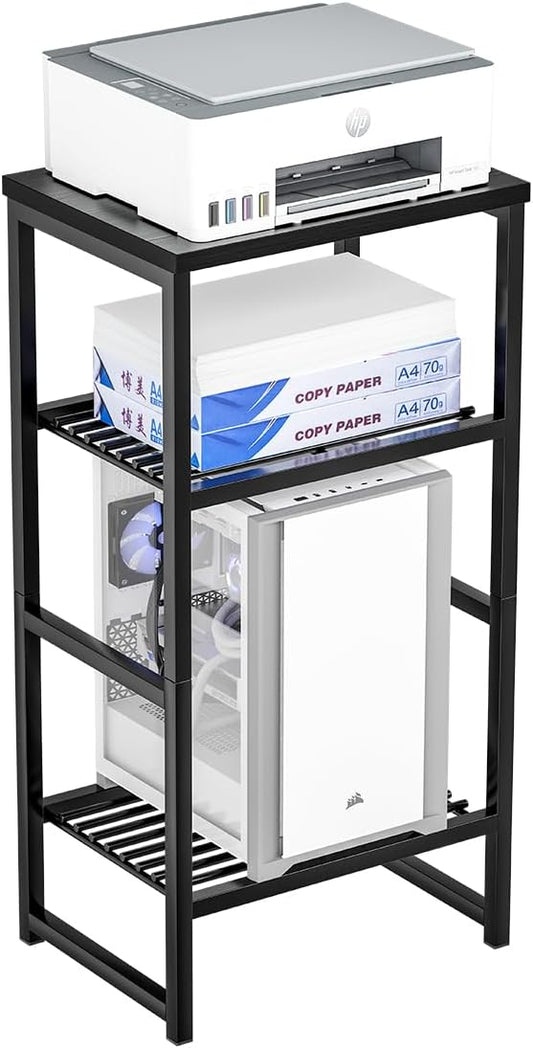 Printer Stand Holder 3 Tier - Heavy Duty Metal Shelving Unit for Under Desk Printer Storage Office Organizer, Industrial Printer Side Table with Wood Desktop for Scanner Fax Machine Black