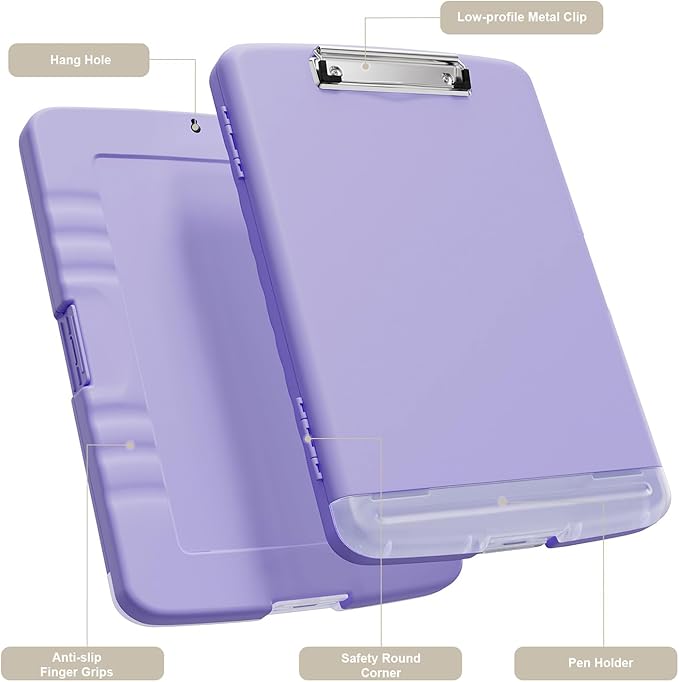 Piasoenc Clipboard with Storage, 8.5 x 11 Organization Box with Pen Holder and A4 Legal Paper Folder, Heavy Duty Plastic, Folio & Side-Opening, Low Profile Clip, for Nurses, Teachers, Purple